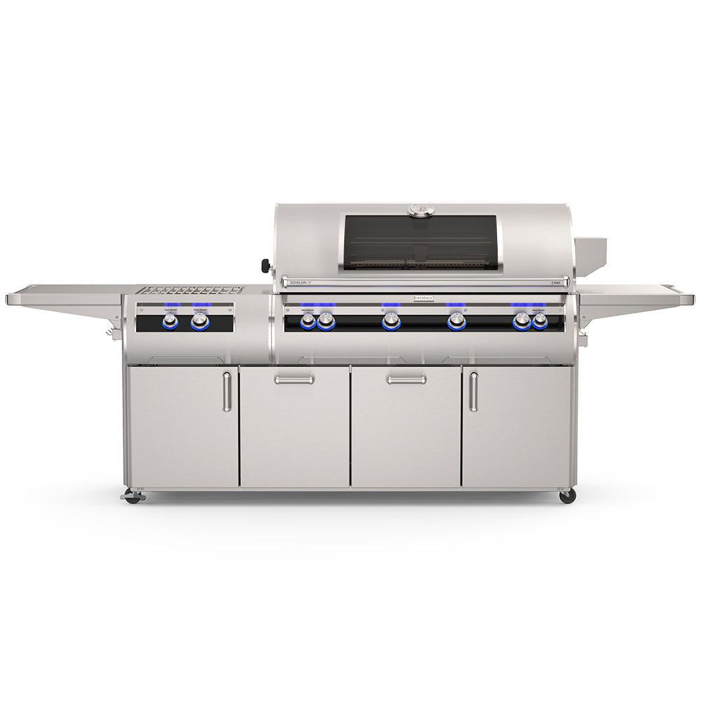 Freestanding stainless gas grill with side shelves, control panel, and front cabinet doors