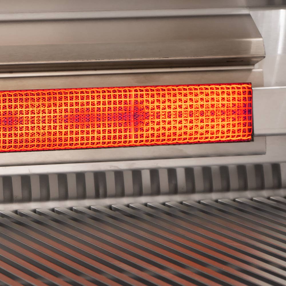 Portable grill burner cover with red mesh heat reflector inside stainless base