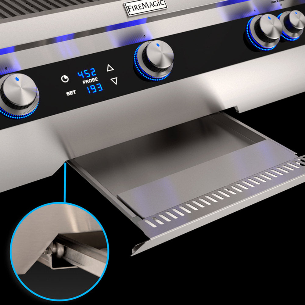 FireMagic grill control panel with blue LED knobs and digital thermometer display