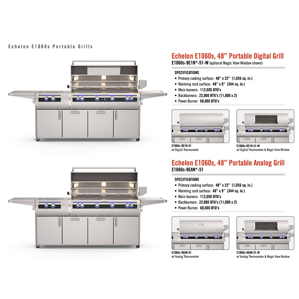 Echelon portable grills chart showing two grill configurations and specs