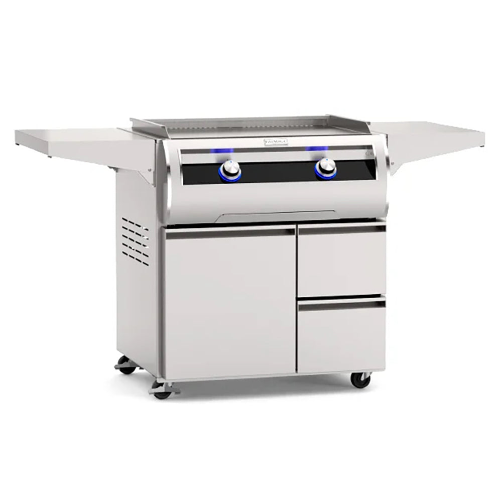Freestanding gas griddle with stainless steel body and black glass control panel, two knobs