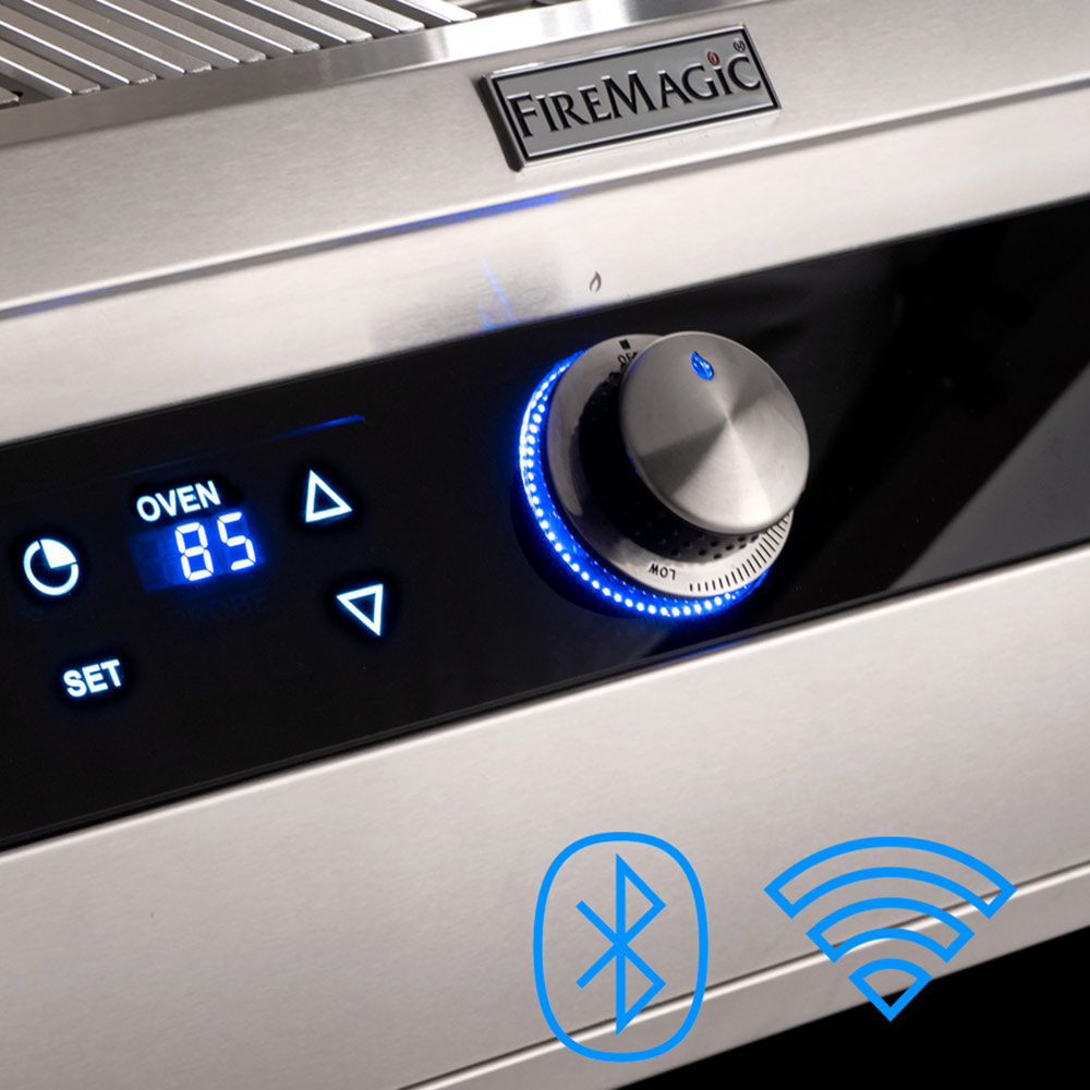 Fire Magic grill control panel with blue LED display and temperature control knob