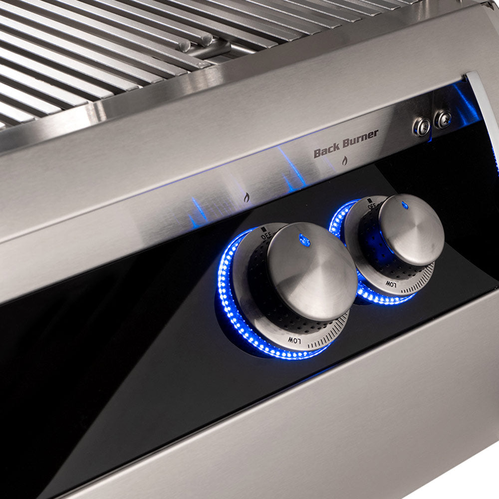 Stainless control panel with blue-lit knobs and Back Burner label