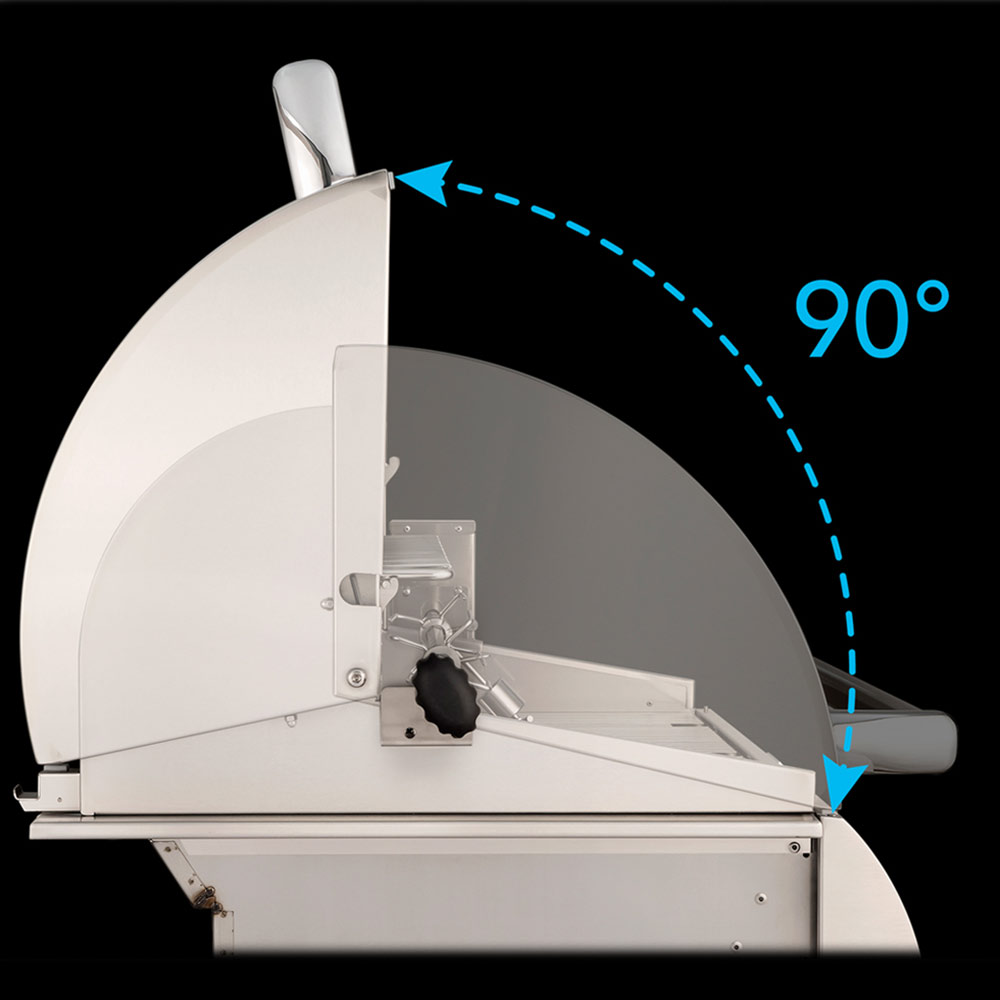Built-in gas grill lid hinge and latch mechanism for wide-open positioning