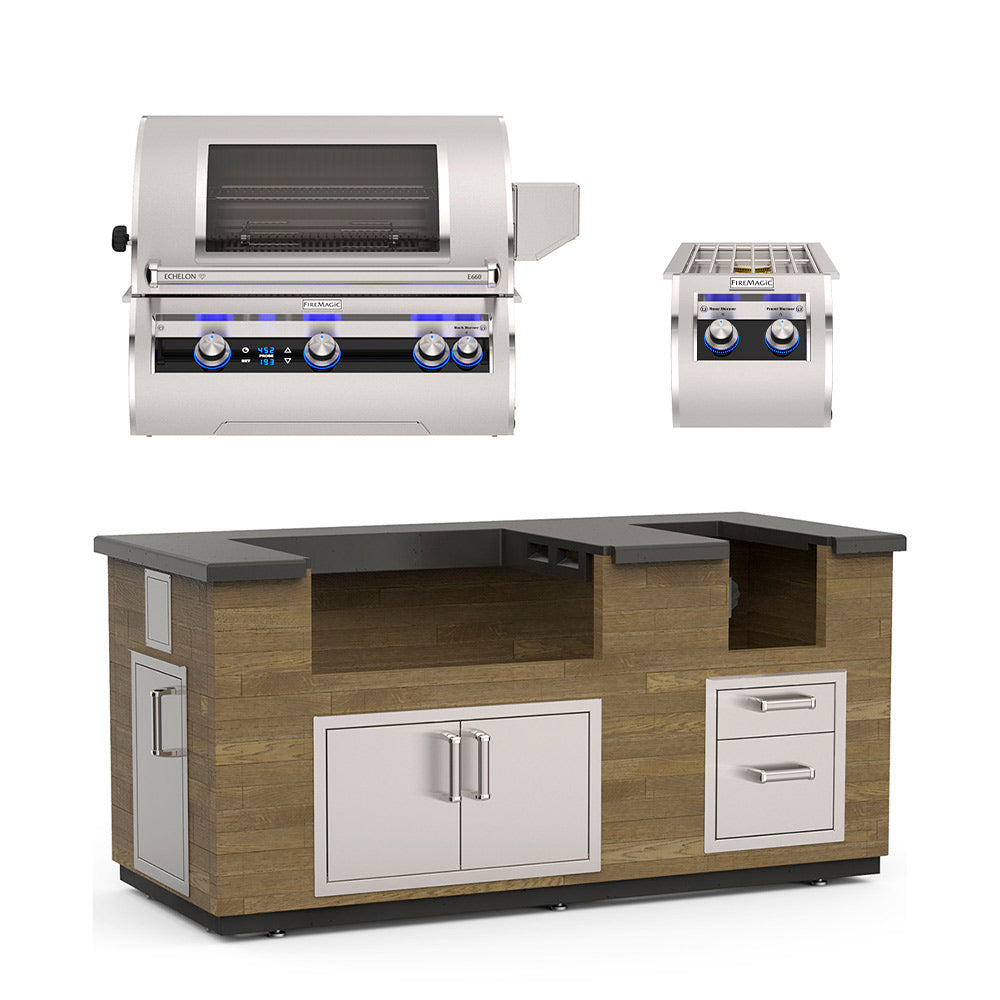 Outdoor kitchen island with stainless grill, black countertop, center doors and right drawers
