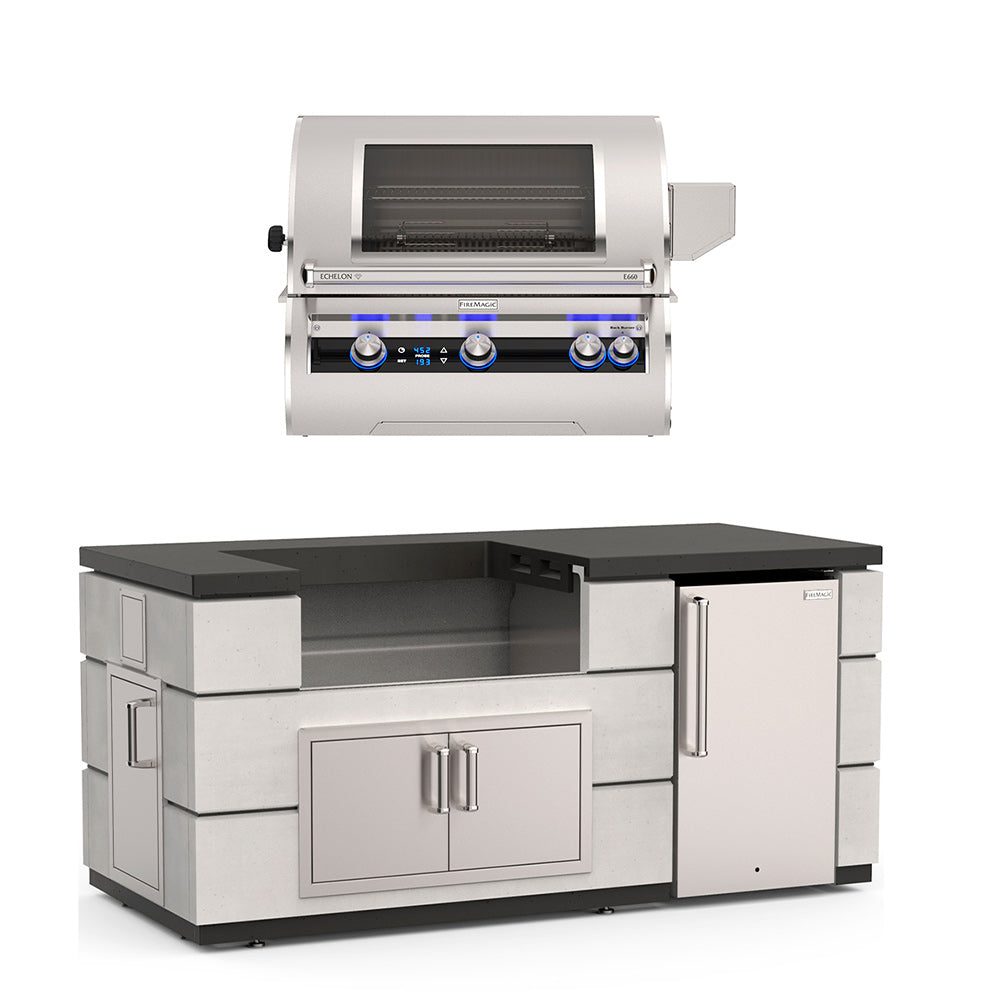 Outdoor kitchen island with grill controls, dark countertop, open grilling area and storage cabinet