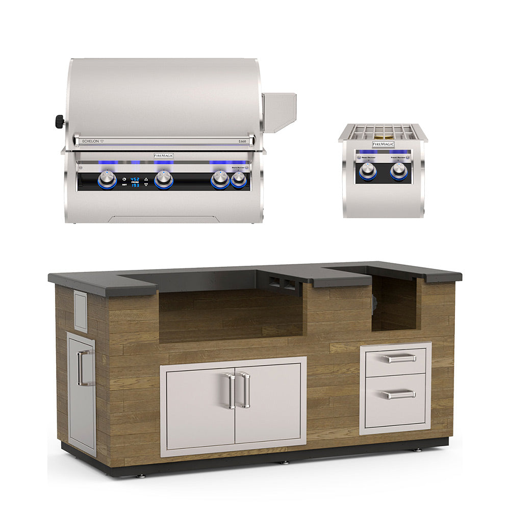 Reclaimed wood outdoor kitchen island with built-in stainless grill and side burner