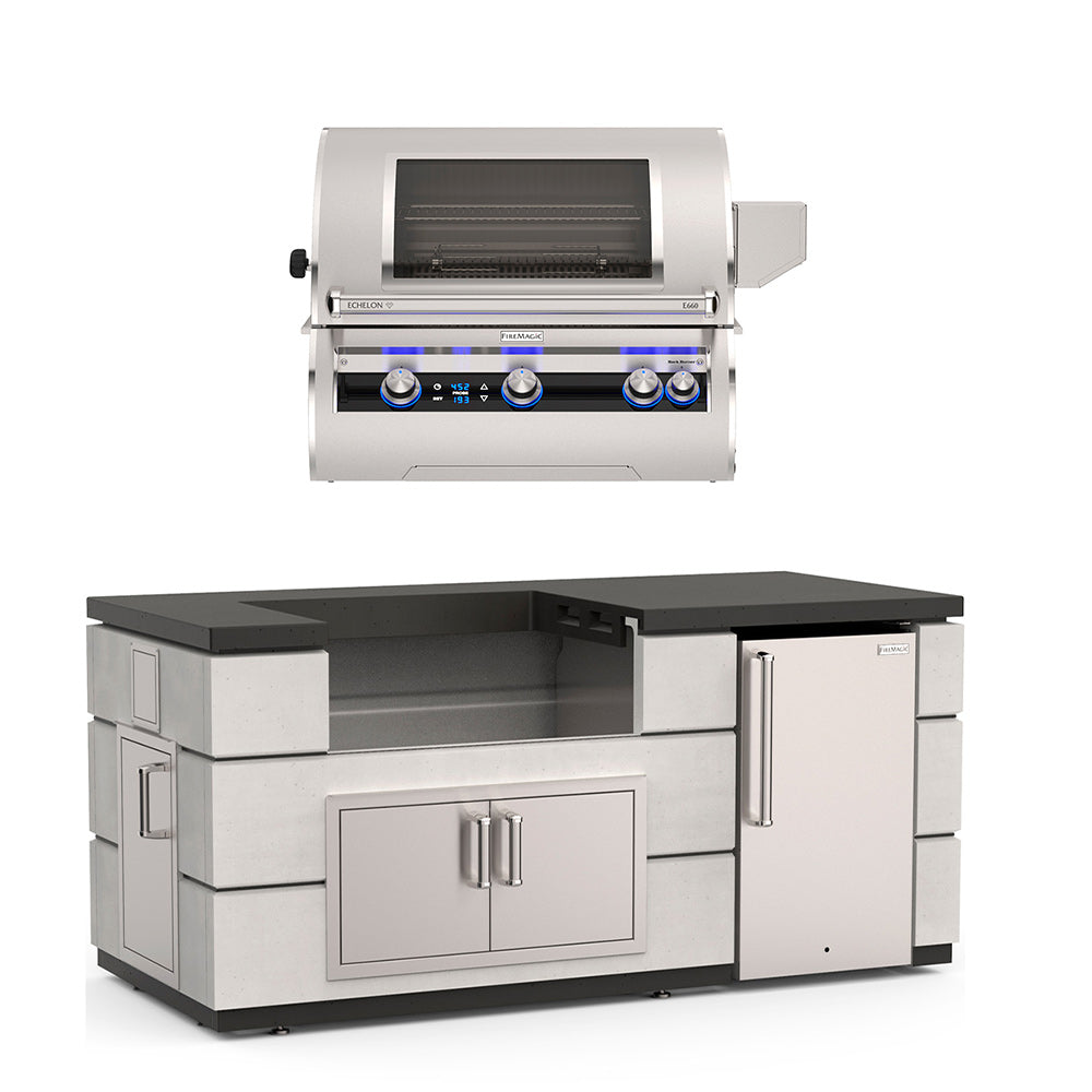 Outdoor kitchen island with built-in grill, dark countertop, storage doors and refrigerator