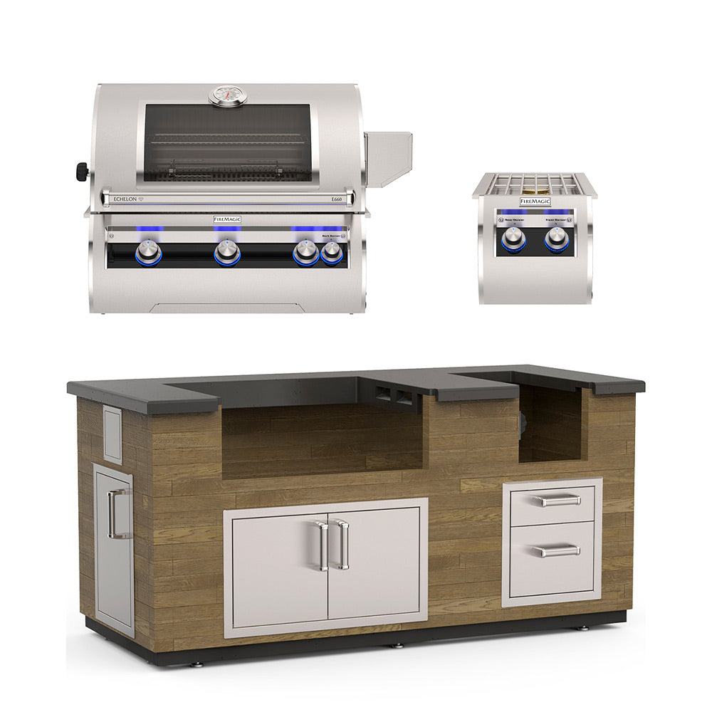 Outdoor kitchen island with stainless grill and side burner, black countertop, two doors