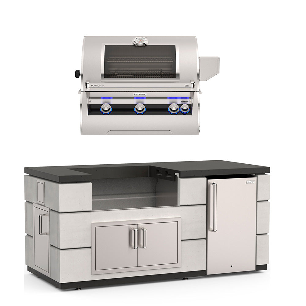 Outdoor kitchen island with grill lid closed, dark countertop, cabinet doors and side fridge