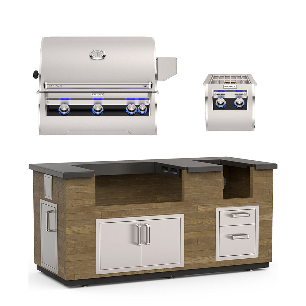 Outdoor kitchen island with stainless grill, black countertop, two doors and drawer cabinet