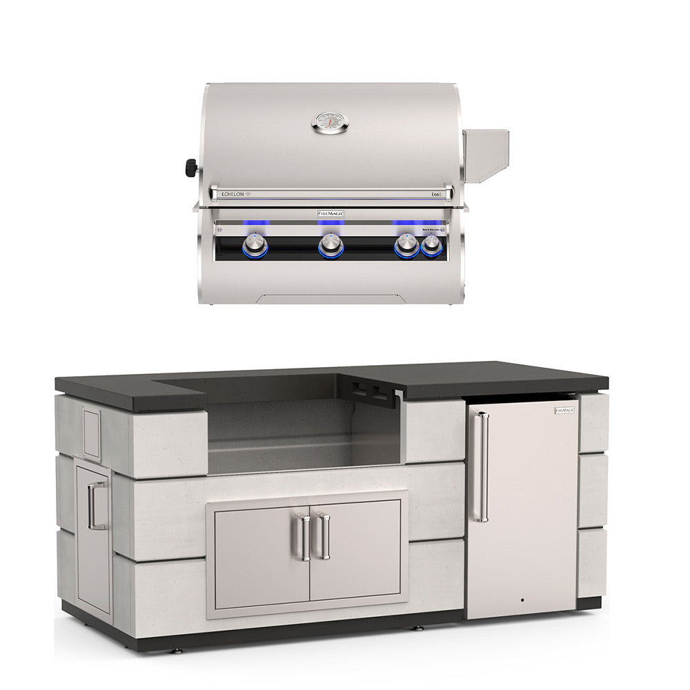 Outdoor kitchen island with open grill and knob controls, dark top, storage and fridge