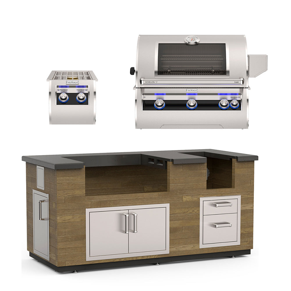 Outdoor kitchen island with stainless grill lid open, black countertop, two cabinet doors