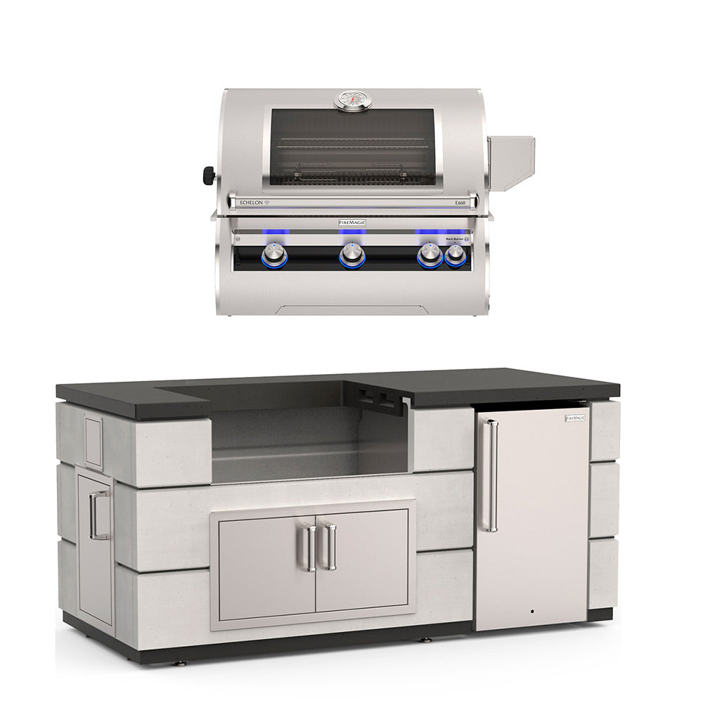 Outdoor kitchen island with built-in grill, dark top, cabinet doors and refrigerator