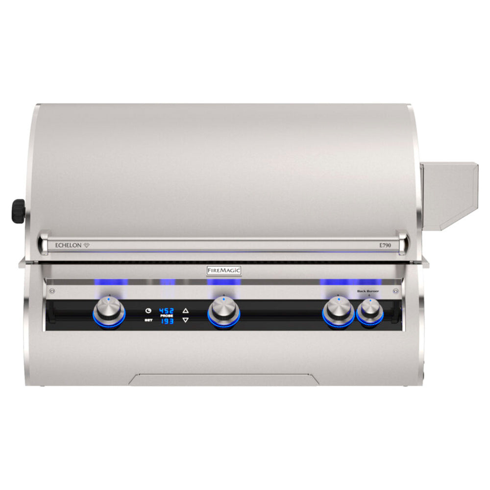 Stainless built-in gas grill with control knobs and side burner housing