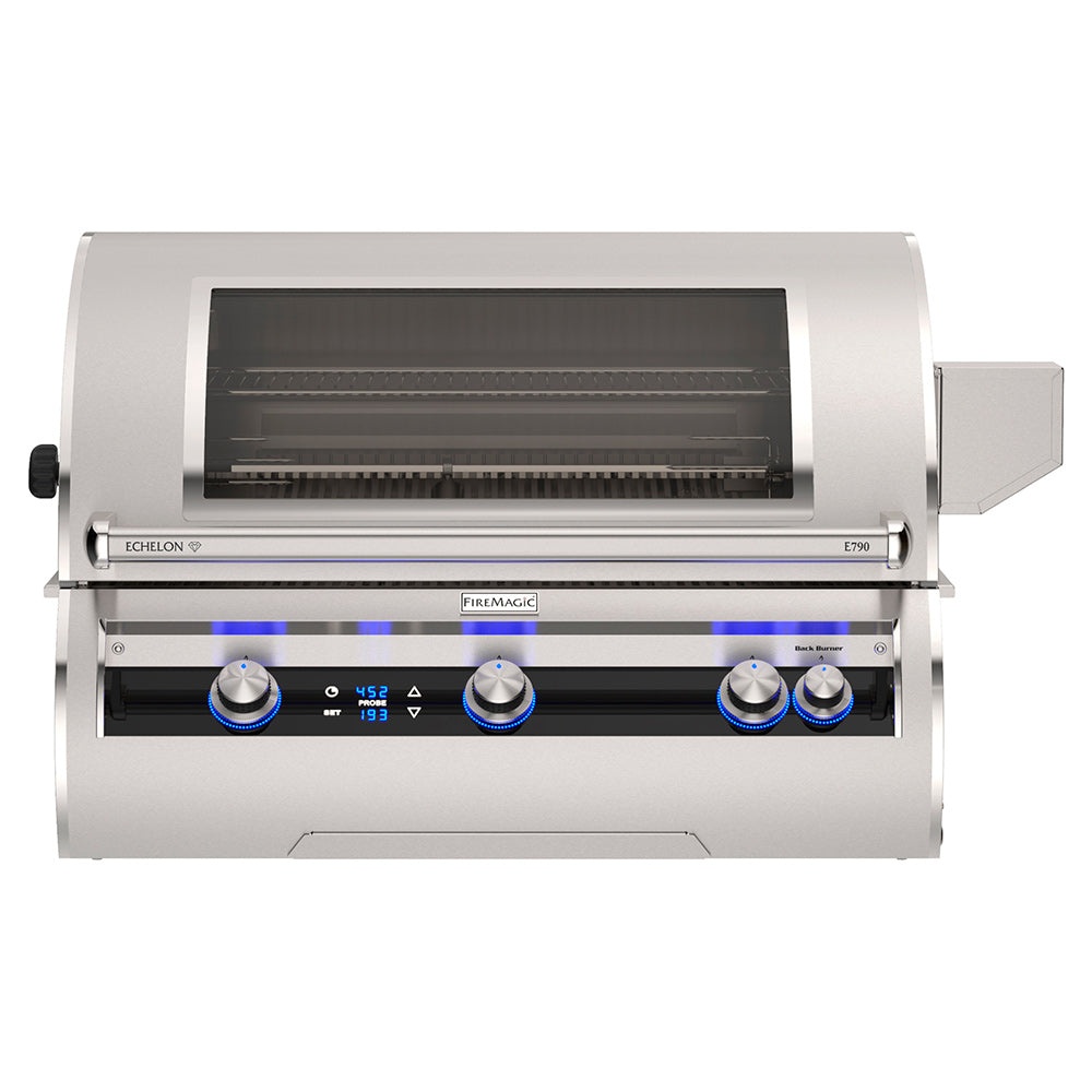 Built-in gas grill with open hood showing burners and control panel
