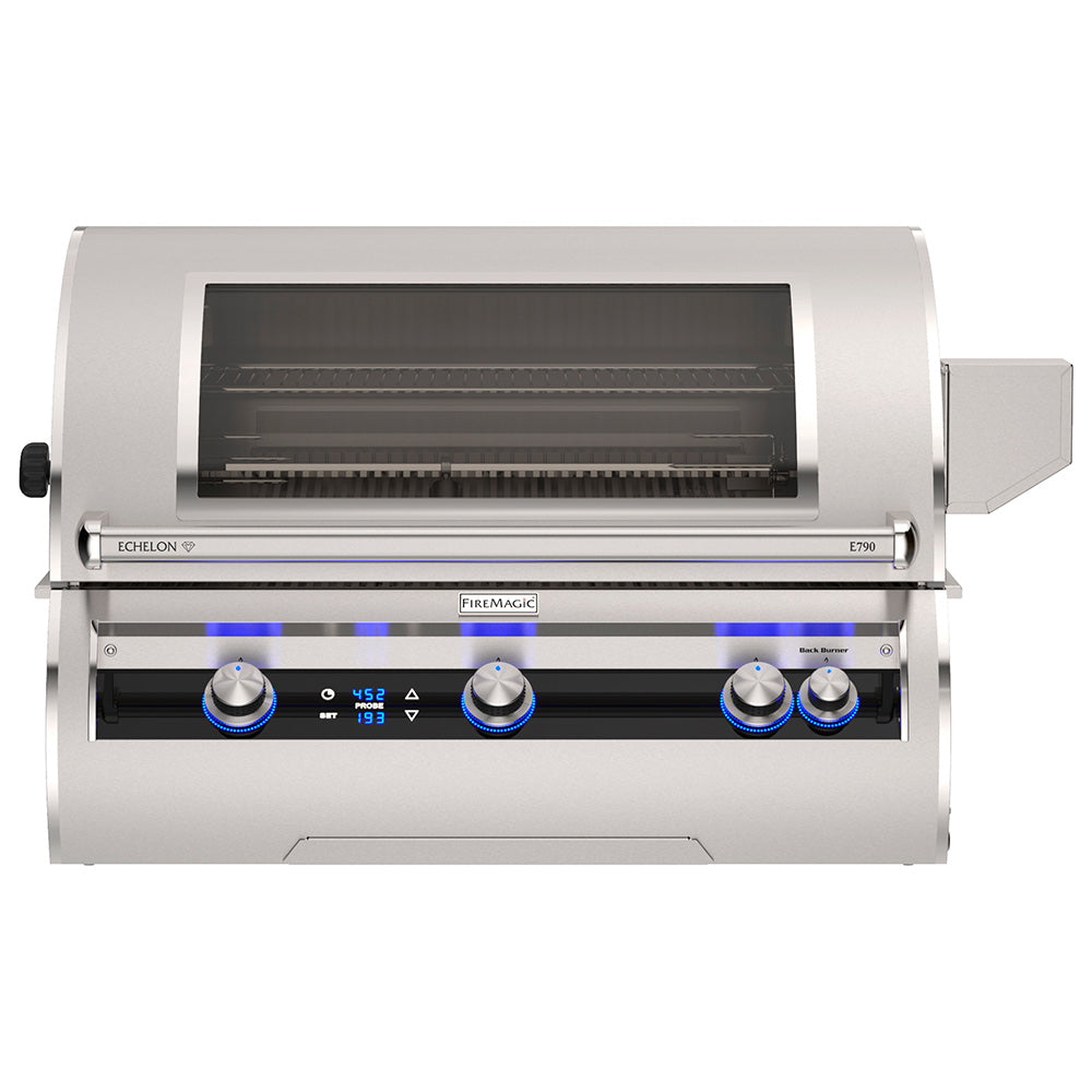 Built-in gas grill with open hood and illuminated control strip