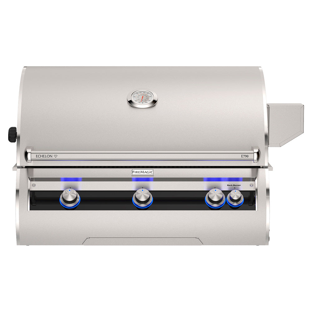Stainless outdoor grill front with control knobs and thermometer, open burners panel