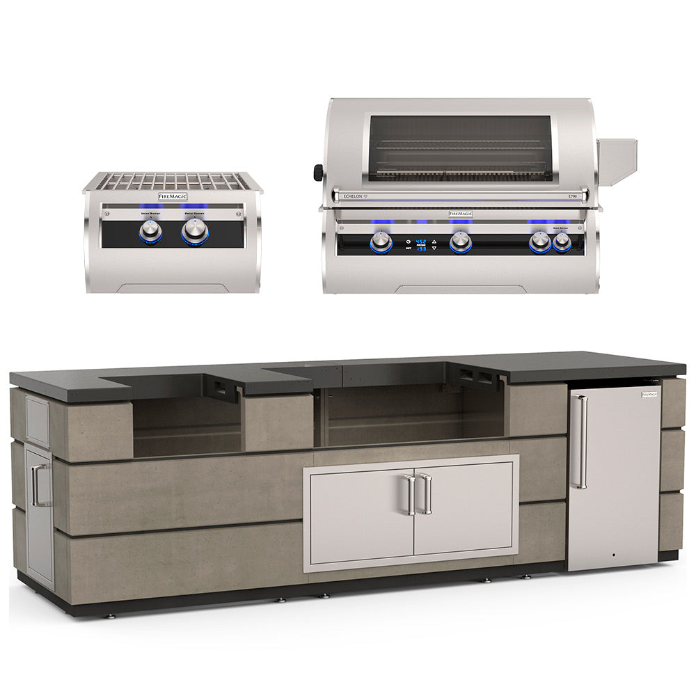 Outdoor kitchen island with grill, storage cabinets, black countertop, stainless frame
