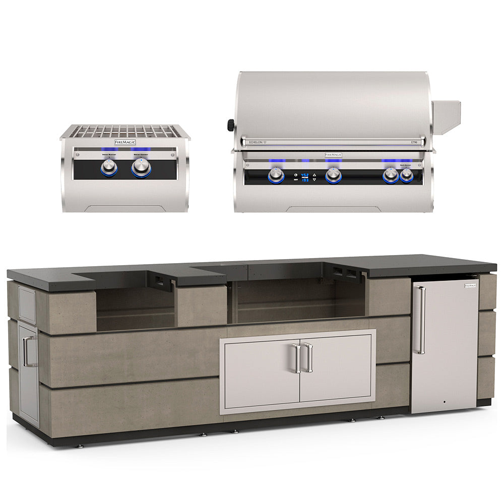 Outdoor kitchen island with built-in grill and refrigerator doors, black countertop