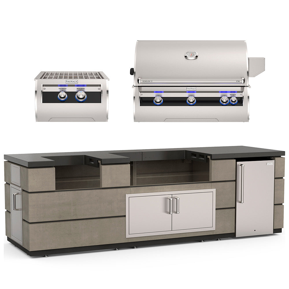 Outdoor kitchen island with stainless grill, black countertop, central cabinet doors, side storage