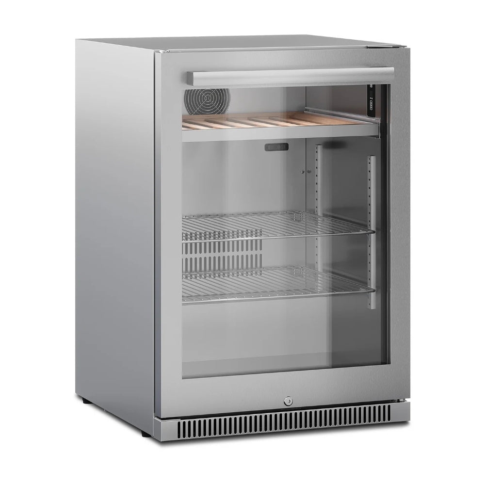 24-inch glass door beverage center with interior shelves, stainless steel housing
