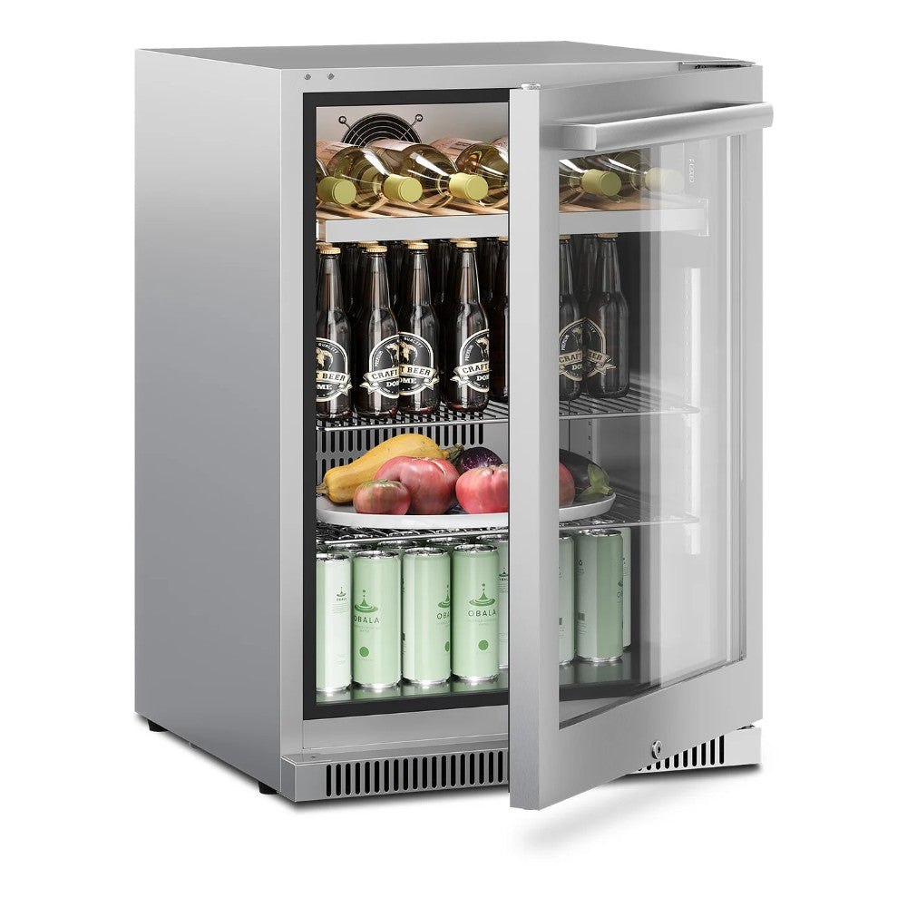 24-inch beverage center with glass door open, stocked with bottles and cans