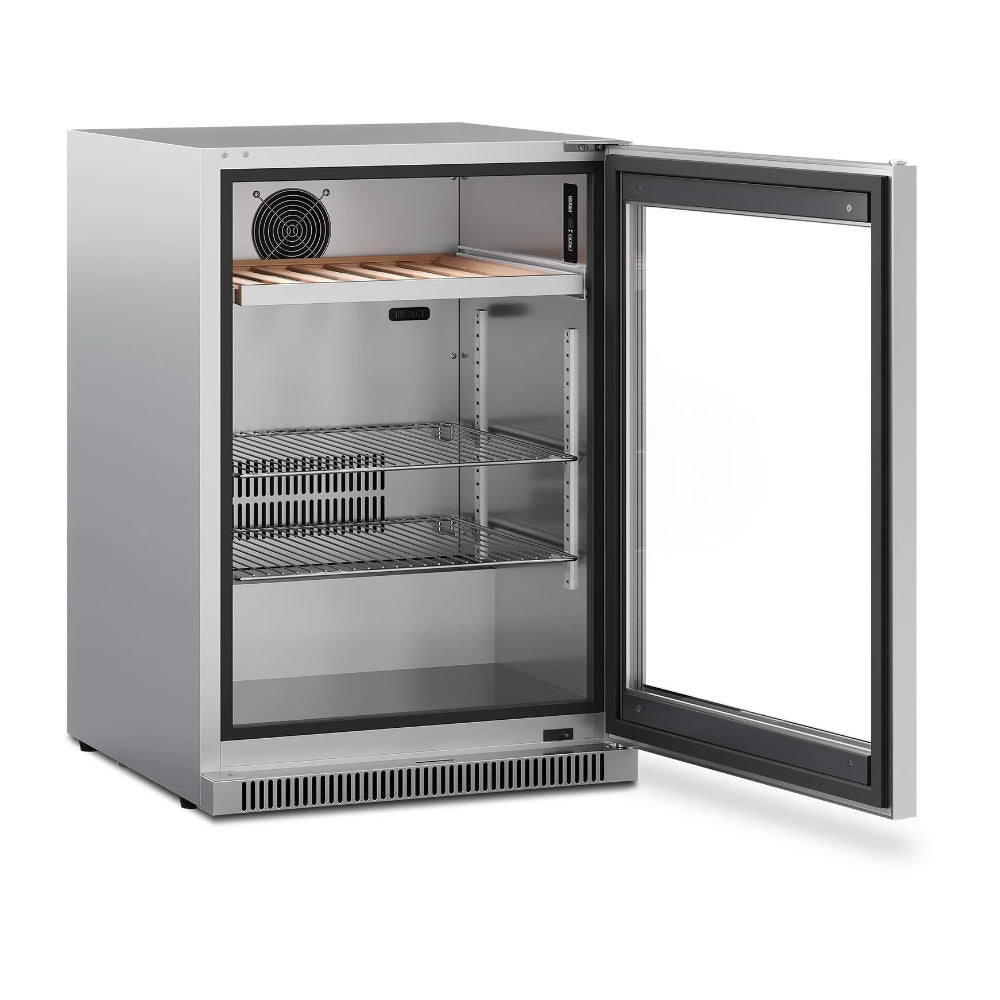 Stainless steel beverage center with glass door open, adjustable wire shelves inside