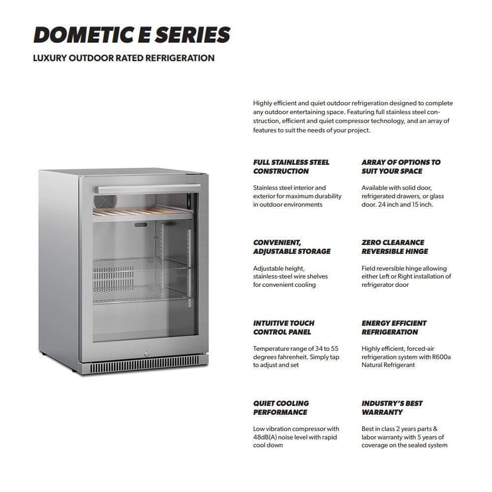 Product brochure showing stainless steel outdoor beverage refrigerator with glass door