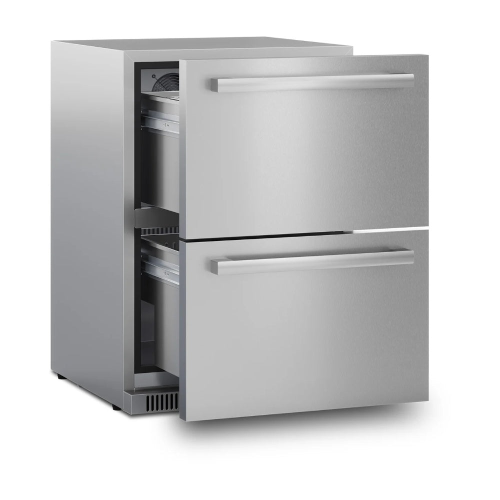 Stainless steel outdoor double drawer refrigerator with open door showing interior racks