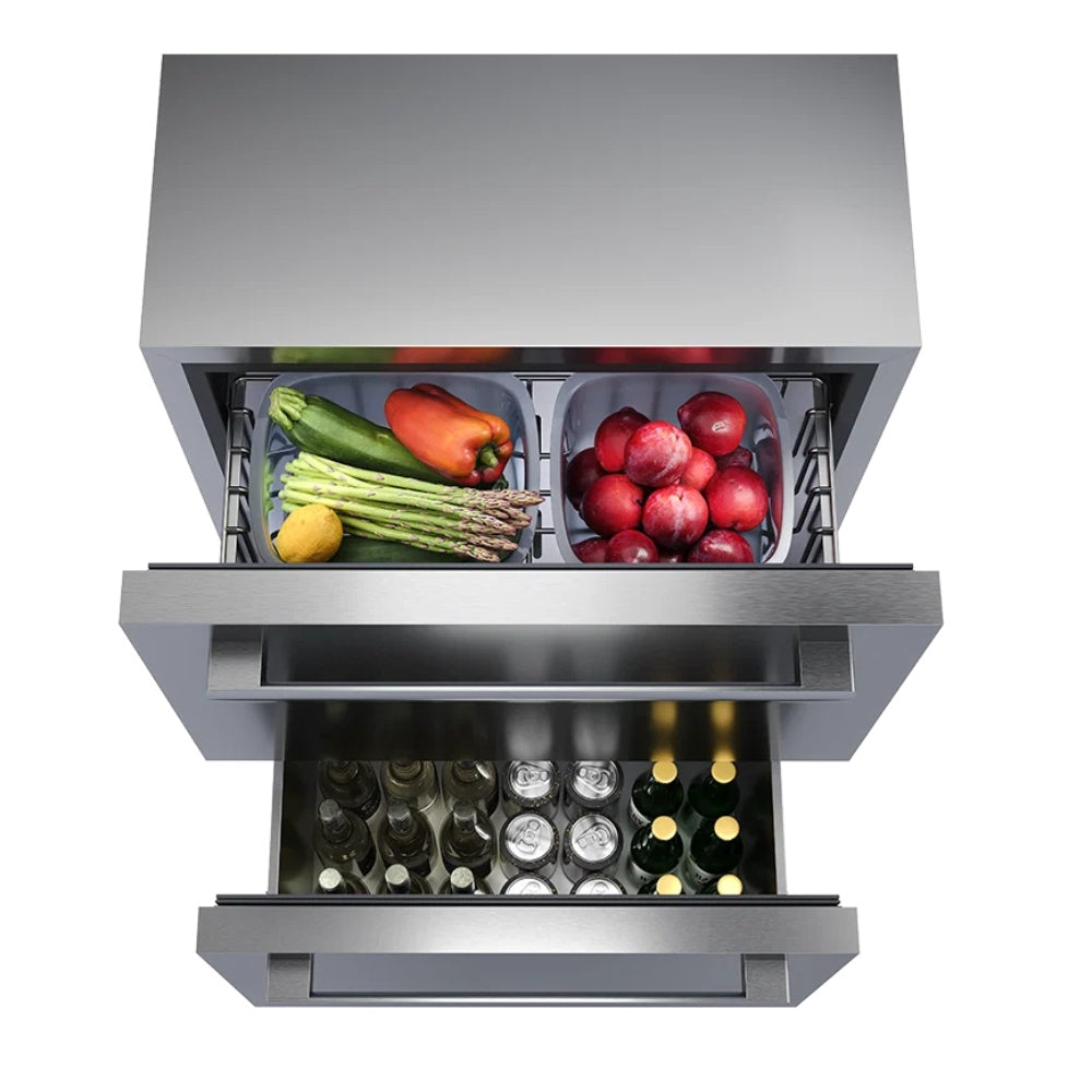 Outdoor refrigerator with open compartments holding produce and beverage bottles