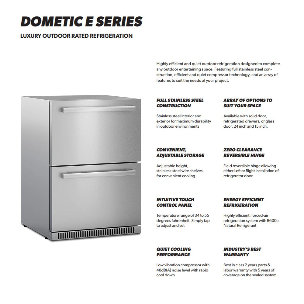 Dometic outdoor refrigerator promotional graphic showing unit and feature callouts