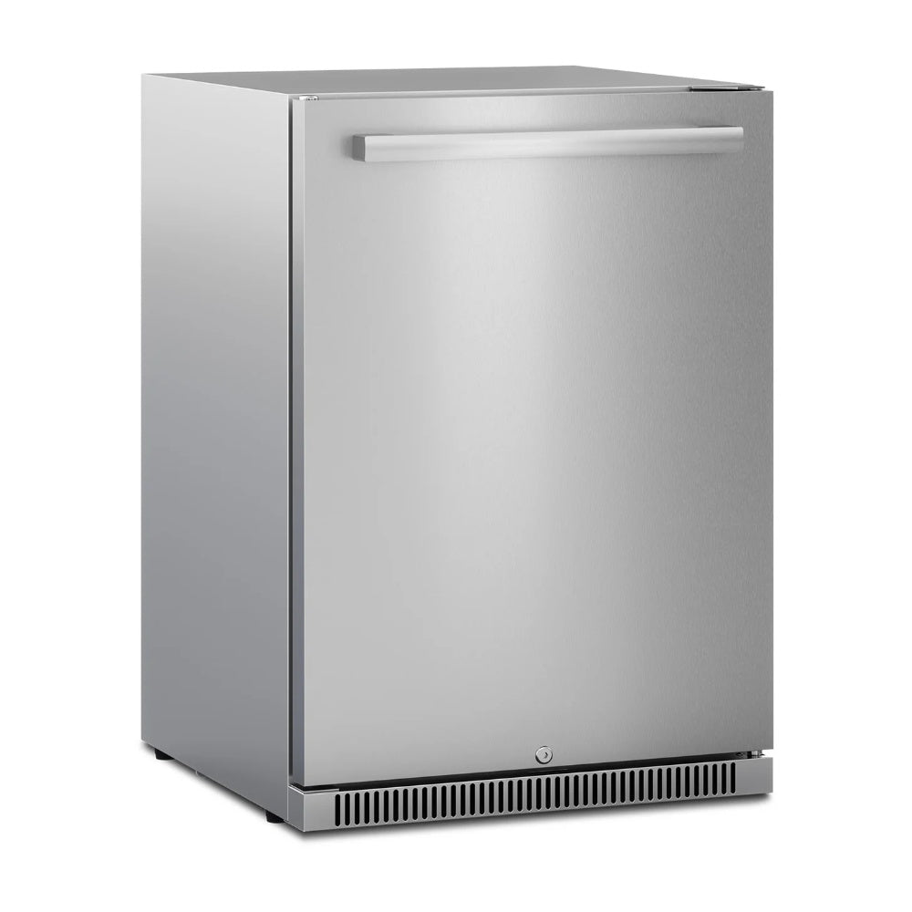 Stainless steel outdoor refrigerator with single door and recessed handle