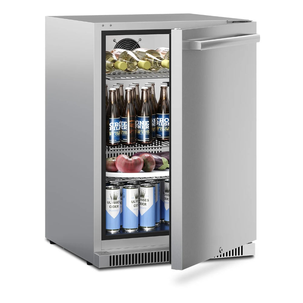 Outdoor refrigerator with open door holding bottles and cans on wire shelves