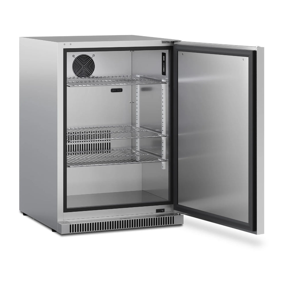 Stainless steel outdoor refrigerator with open door, wire shelves, and interior fan