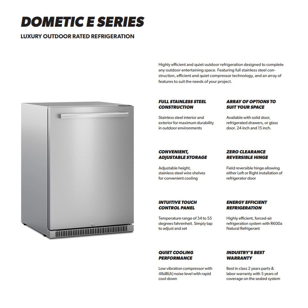 Outdoor refrigerator features chart with text callouts and front image