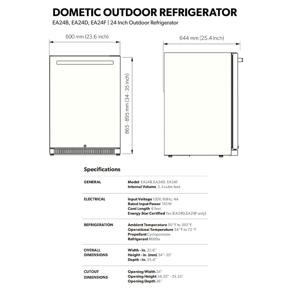 Outdoor refrigerator size and side-view dimensions diagram