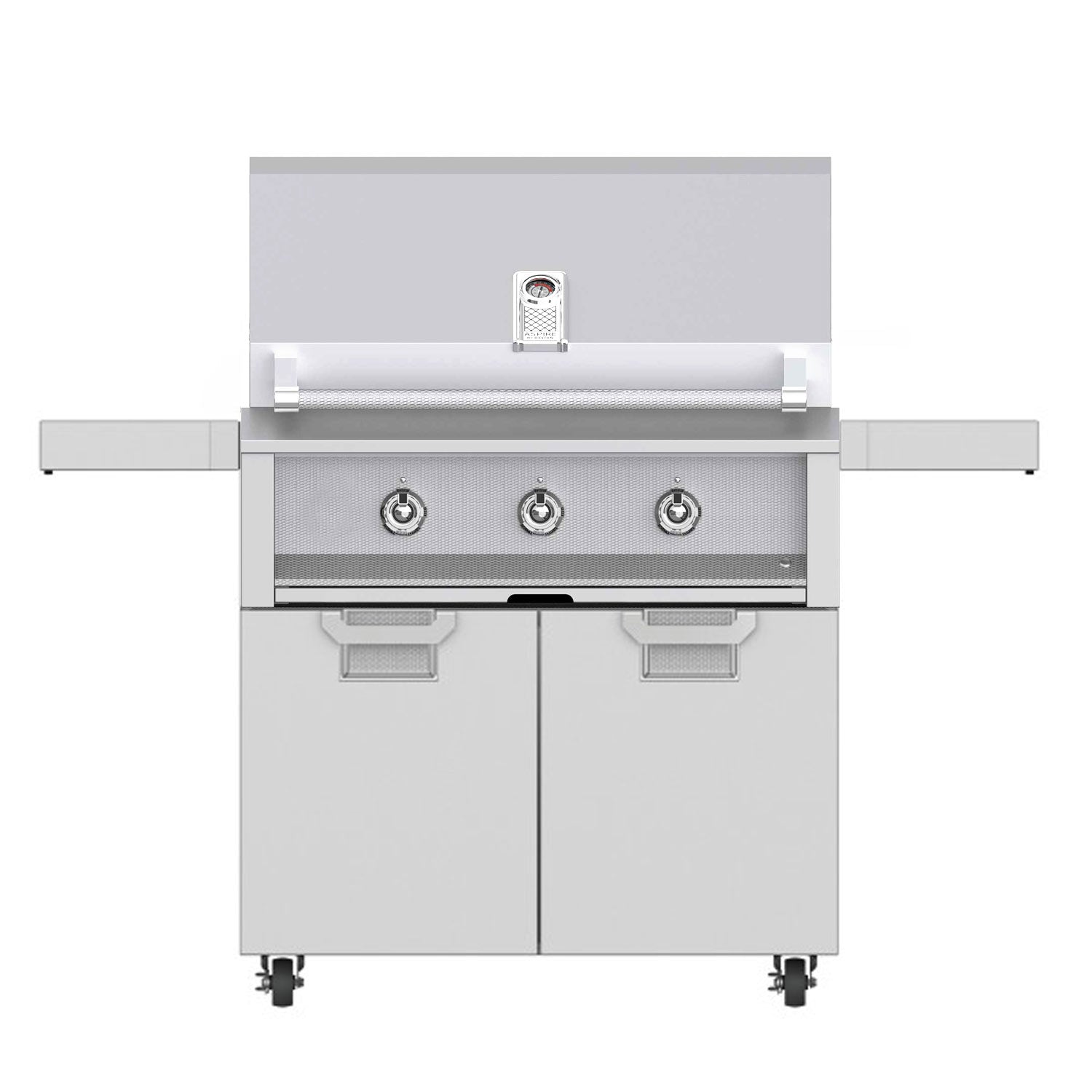 Freestanding gas grill with three burners, gray control panel and silver knobs