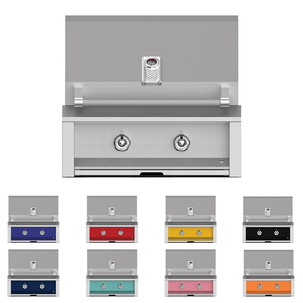 Built-in gas grill with two round control knobs and light gray front panel