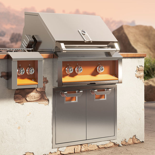 Aspire by Hestan built-in gas grill with stainless lid, control knobs, cabinet doors