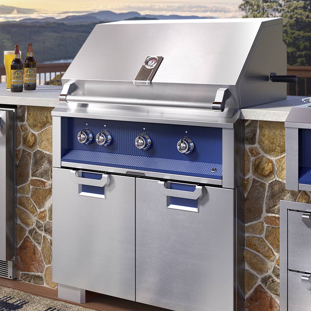 Built-in gas grill with open lid, stainless body, and blue control panel with knobs