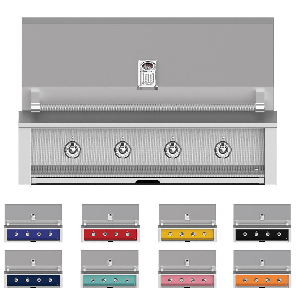 Built-in gas grill front panel with stainless frame and light gray control area
