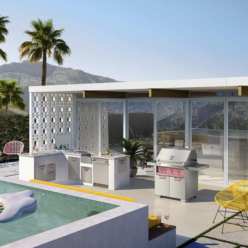 Outdoor grill island with two stainless double-door carts and built-in countertop