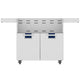 Stainless double-door grill cart with vented panel and two lower doors; navy drawer accents