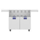 Stainless double-door grill cart with vented panel and two lower doors; blue drawer accents
