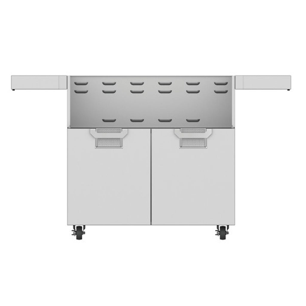 Stainless double-door grill cart with vented panel, two cabinet doors, caster feet