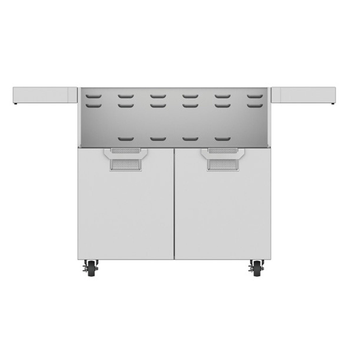 Stainless double-door grill cart with vented panel, two cabinet doors, caster feet