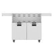 Stainless double-door grill cart with vented panel and two lower doors; black drawer accents