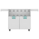 Double door grill cart with metal base, storage drawers with teal accents, and wheels