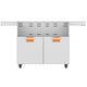 Stainless double-door grill cart with vented panel and two lower doors; orange drawer accents